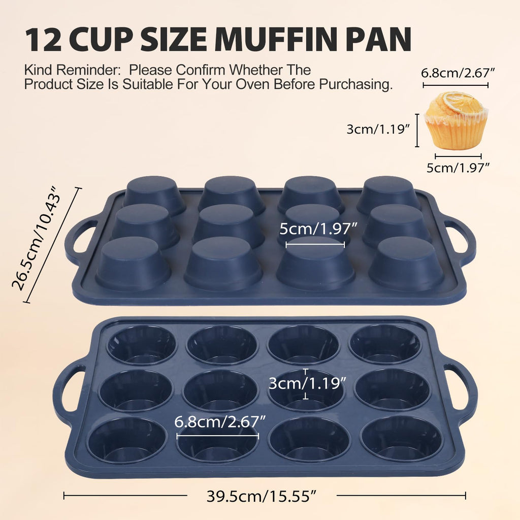 2 Pack Silicone Muffin Pan with Metal Frame, Non Stick Silicone Cupcake Pan with Handles Regular 12 Cup, BPA Free Silicon Muffin Tin Tray for Baking, Egg Bites, Cupcake Mold Grey