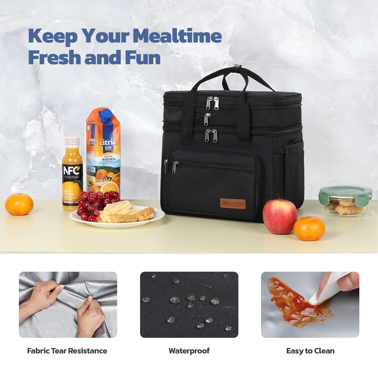 Maelstrom Lunch Bag Women,23L Insulated Lunch Box for Men Women,Expandable Double Deck Cooler Bag,Lightweight Leakproof Tote Bag with Side Tissue Pocket (Black)