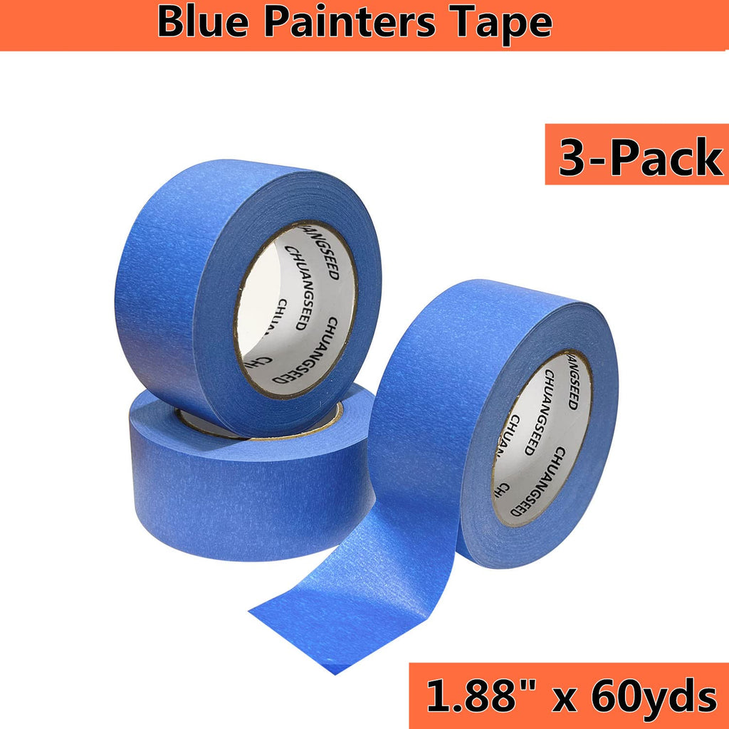 CHUANGSEED 3-Pack Blue Painters Tape 1.88 Inches x 60 Yards Blue Masking Tape Bulk - General Painting Painter's Tape Artisan Grade Wall Trim Tape (Blue)