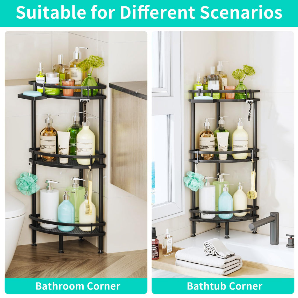 HapiRm Standing Shower Caddy Corner - 3 Tier Corner Shower Shelves with Soap Holder and 4 Hooks, Rustproof Shower Organizer Corner with Adhesives, Black