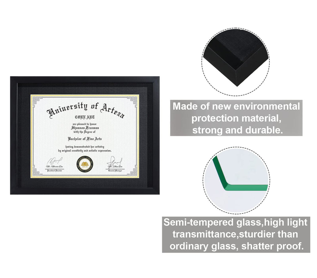 CORE ART 11x14 Diploma Frame Display Certificates 8.5 x 11 with Mat or 11 x 14 without Mat, College Degree Frame with Real Glass, Wall and Tabletop Display(Black)