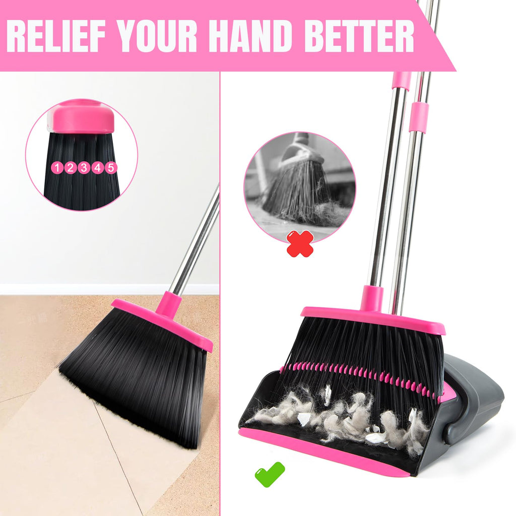 XXFLOWER Broom and Dustpan Set, Dustpans with 51 Inch Broom Combo with Long Handle for Home Kitchen Room Office Indoor Floor Cleaning(Black-Pink)
