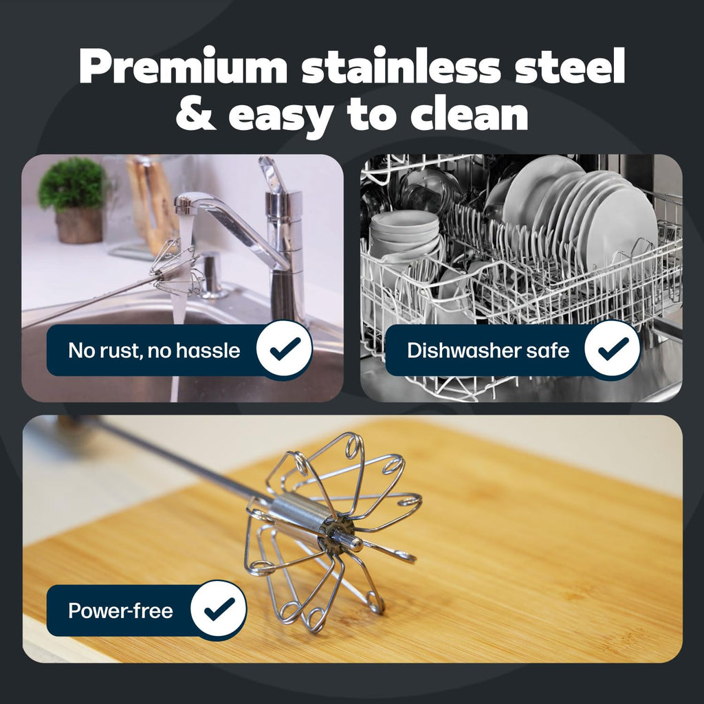 14 Inch Stainless Steel Hand Whisk - Durable & Easy to Use Push-Down Zip Whisker - Rotary Hand Mixer for Beating Eggs, Frothing Milk, Blending, Mixing, Whipping Smoothies & Shakes - Kitchen Tools