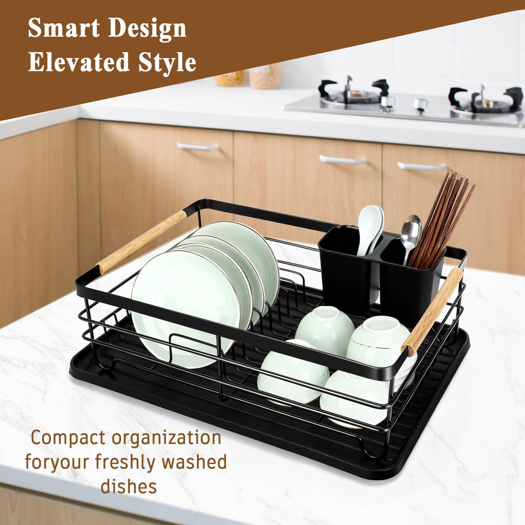 Fvellix Dish Racks for Kitchen Counter, Thickened Metal Dish Drying Rack with Wooden Handles, Kitchen Countertop Organizer for Dishes, Spoons and Forks, No Assembly, Black, 16.7''*12.6''*5.12''