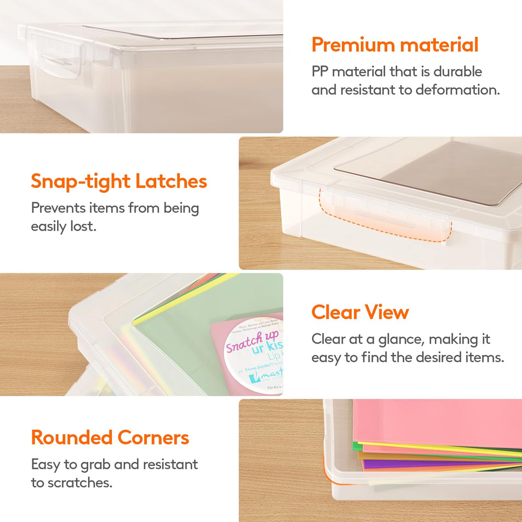Lifewit 4 Pack Plastic Multi-Purpose Storage Box with Latching Lids, Clear A4 Paper Storage, Classroom Organization, Storage Containers for Craft, Document, Magazine, Art Supplies