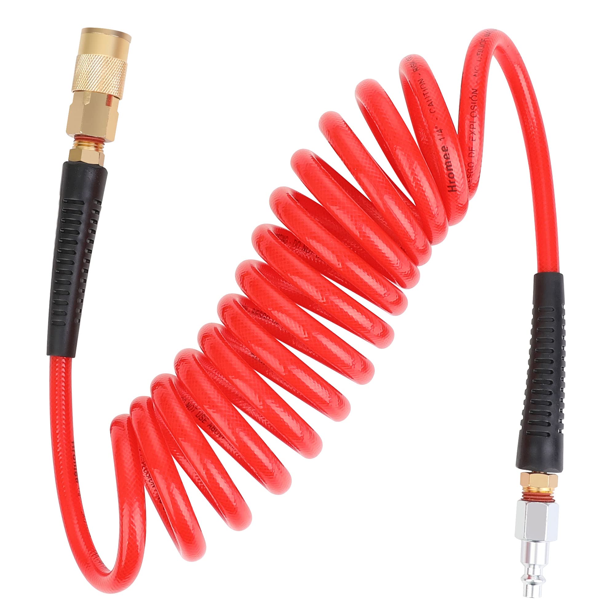 Hromee 1/4-Inch x 10ft Polyurethane Recoil Air Hose with Fittings Compressor Hose with 1/4 in. Industrial NPT Coupler and Plug Kit, Red