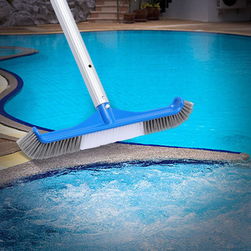 2 Pack Pool Brush, 16.5" Pool Brushes for Wall Cleaning, Premium Nylon Bristles Brush Head with Easy Clip, Curved Ends High-Efficiency Pool Scrub Brush (White, Gray & White)