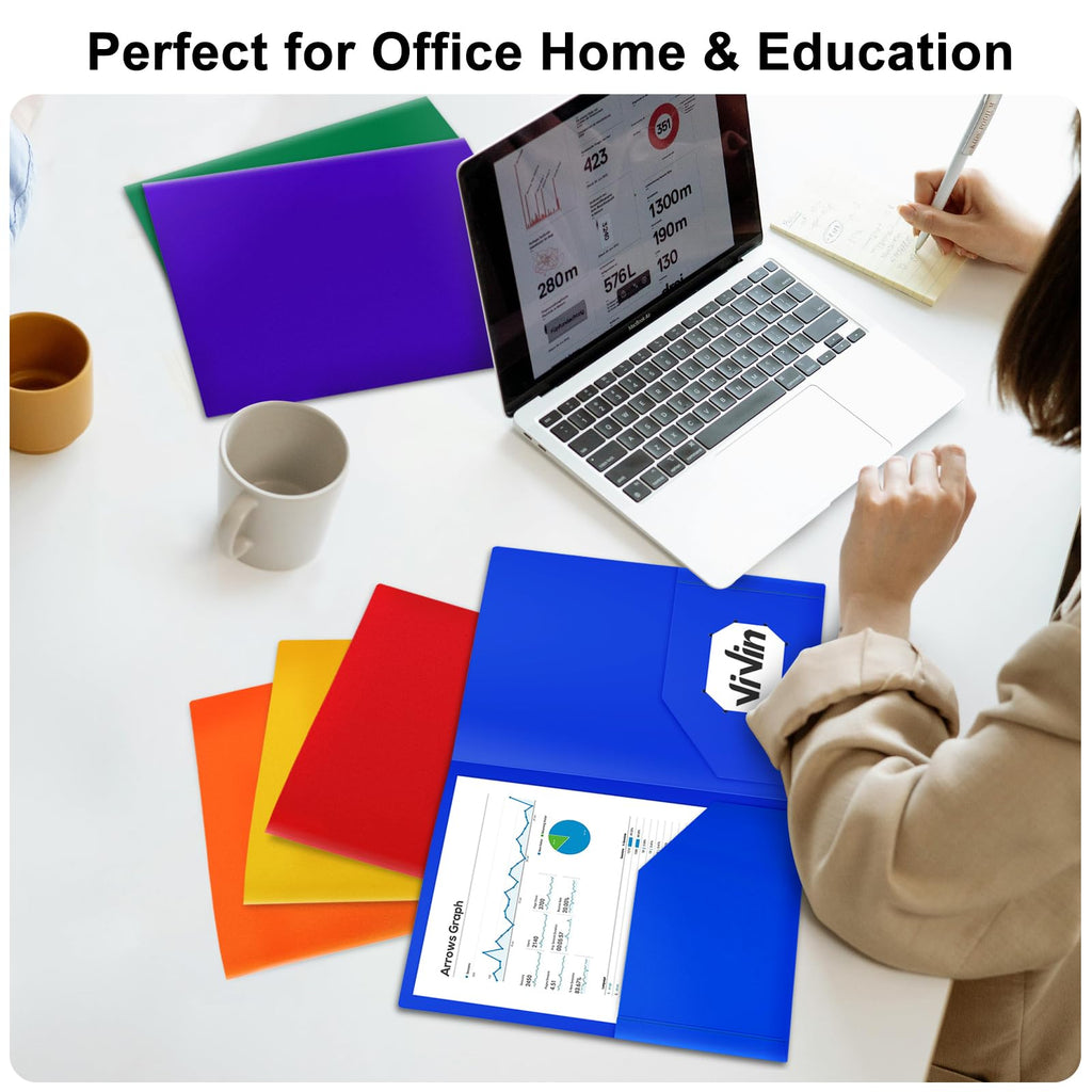 ViVin 12-Pack Plastic Folders with Pockets, 8.5 x 11 Inch Letter Size Poly Folders with 2 Pockets, Plastic Pocket Folders for School, Home, Office (Blue)