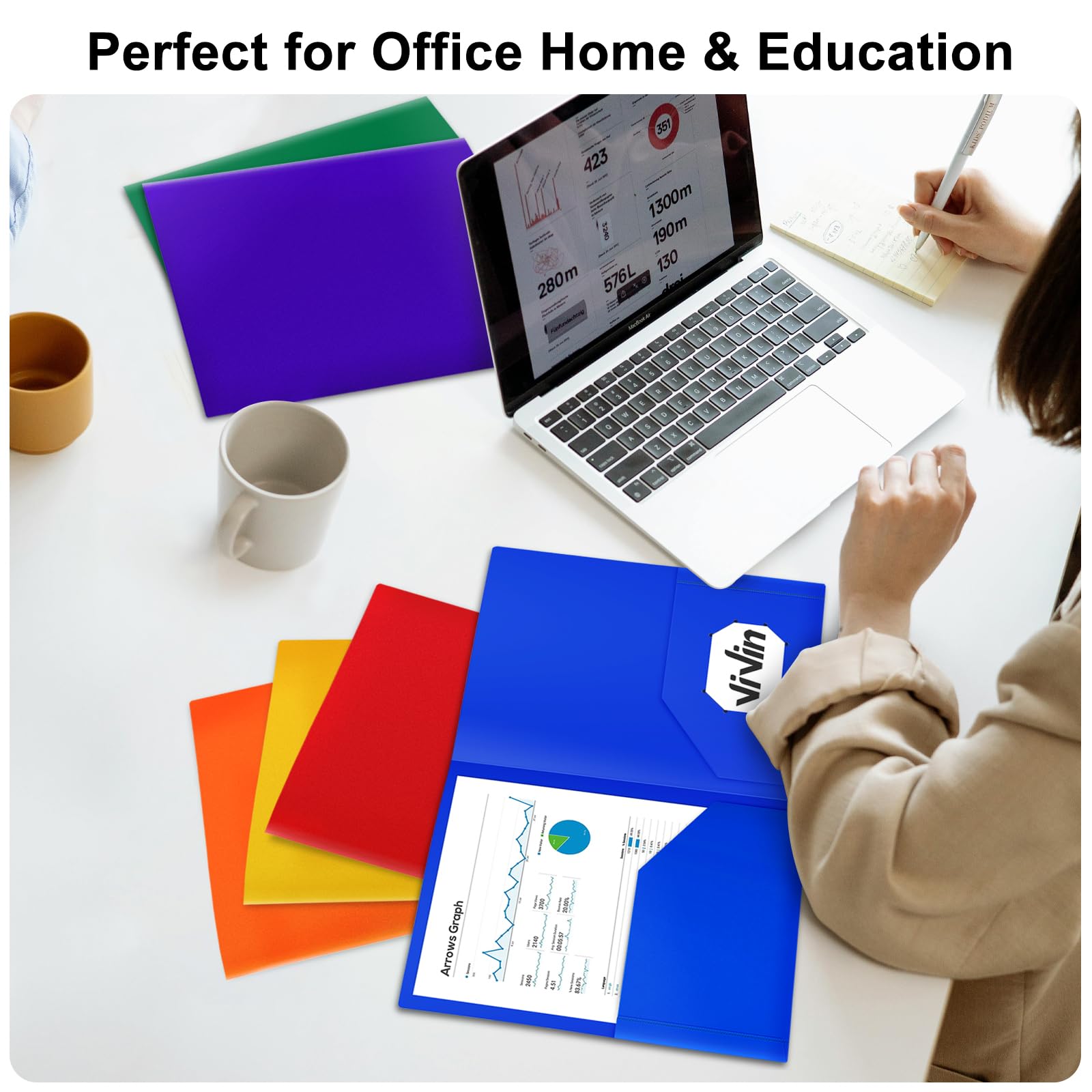 ViVin 12-Pack Plastic Folders with Pockets, 8.5 x 11 Inch Letter Size Poly Folders with 2 Pockets, Plastic Pocket Folders for School, Home, Office (Blue)