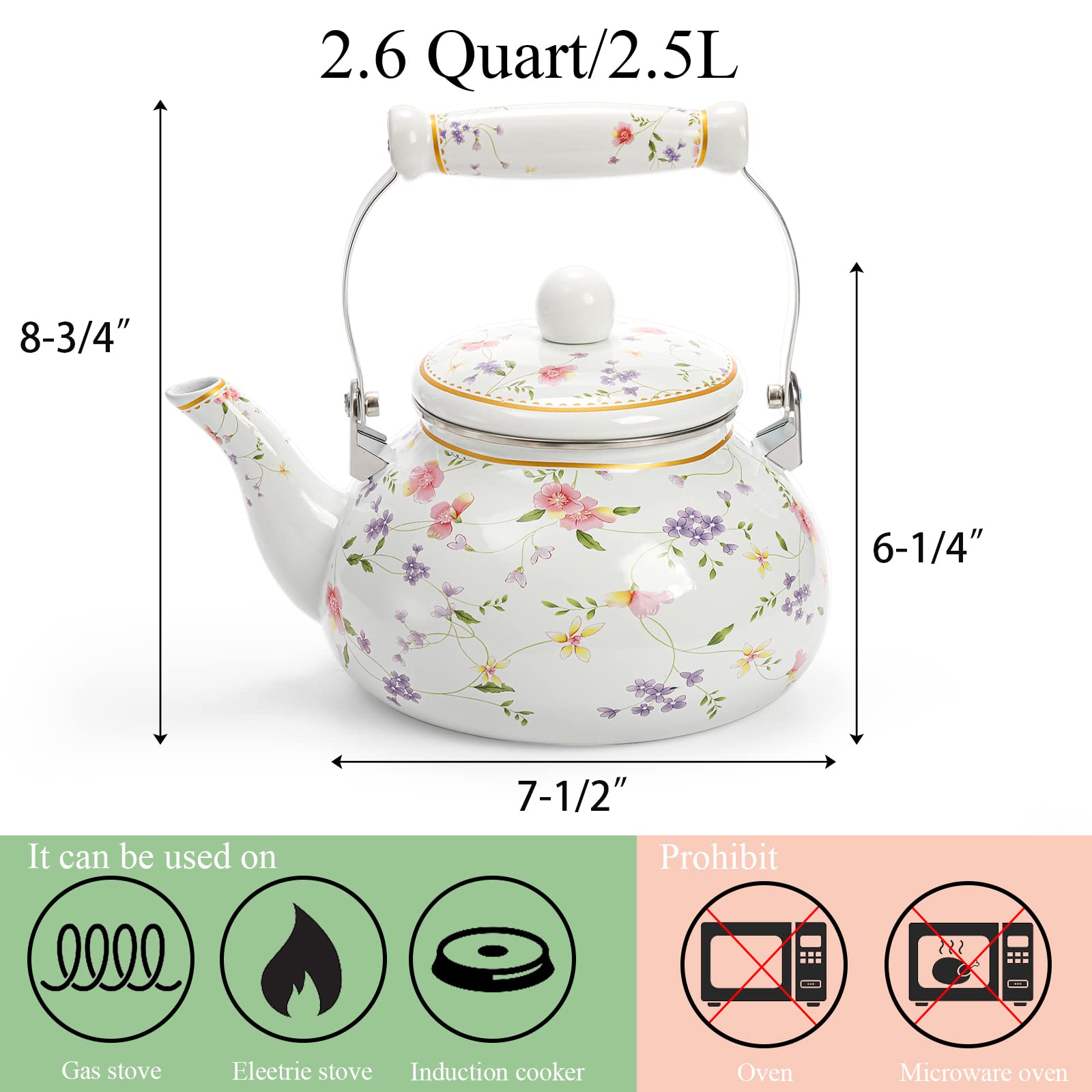 Jucoan Vintage Enamel Tea Kettle, 2.6 Quart Floral Enamel Water Kettle Teapot with Porcelain Handle for Stovetop Home Kitchen Camping, Housewarming Wedding Bridal Shower Gift