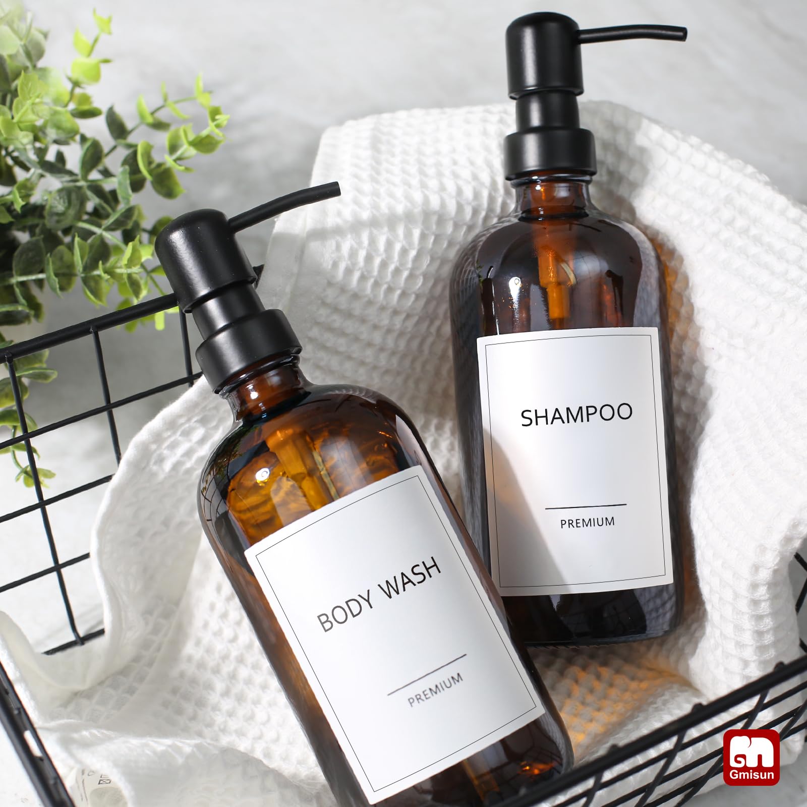 GMISUN Soap Dispenser, 2 Pack Bathroom Hand Soap Dispenser with Rustproof Stainless Steel Pump, Amber Glass Dish Soap Dispenser Set for kitchen, Hand and Dish Soap Dispensers Sets, Liquid Soap Bottles