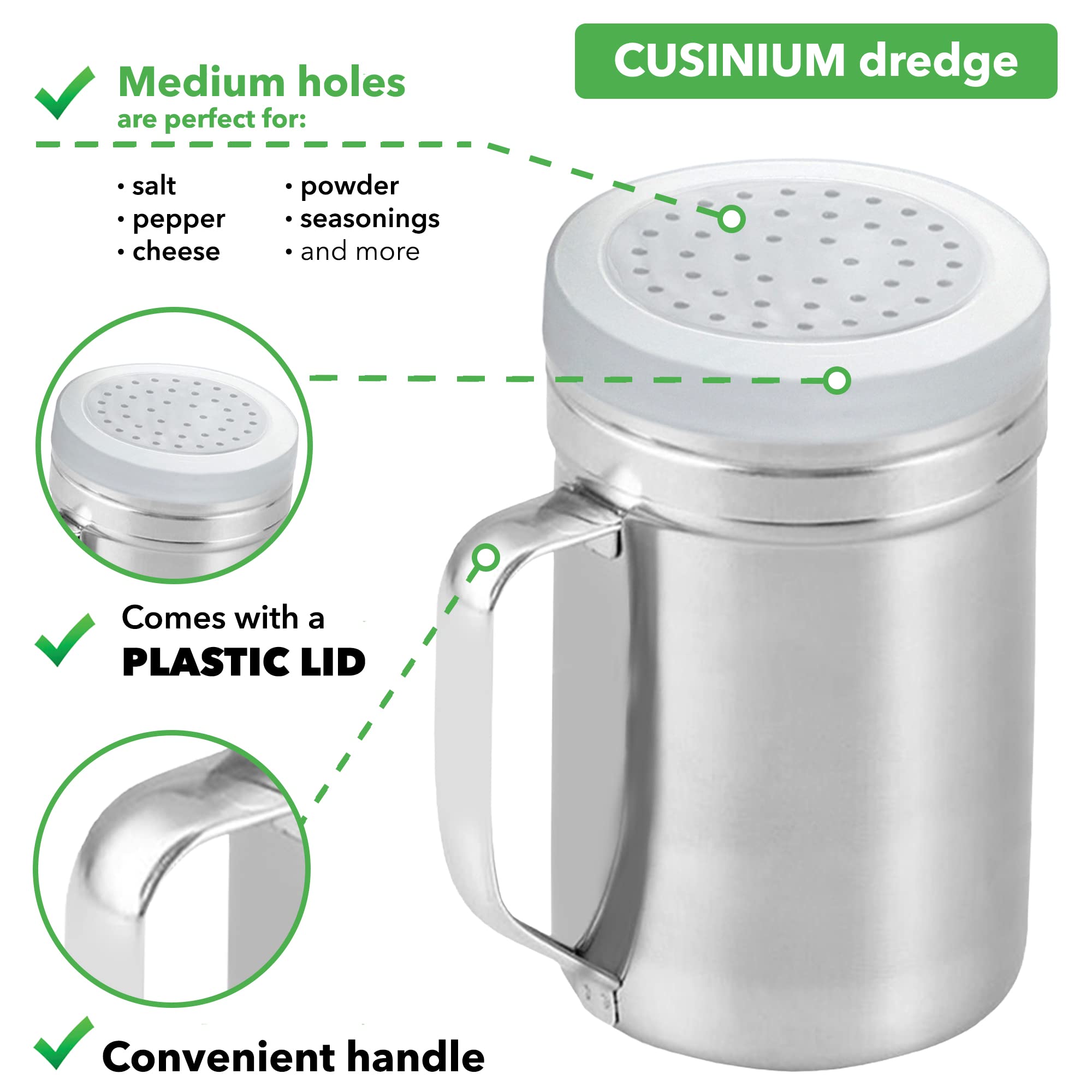 CUSINIUM Large Metal Salt Pepper Dredge Shakers - with Handle - Seasonings Spice Shakers with Holes and Lids - 14 Ounce, 2pcs | Style: Medium