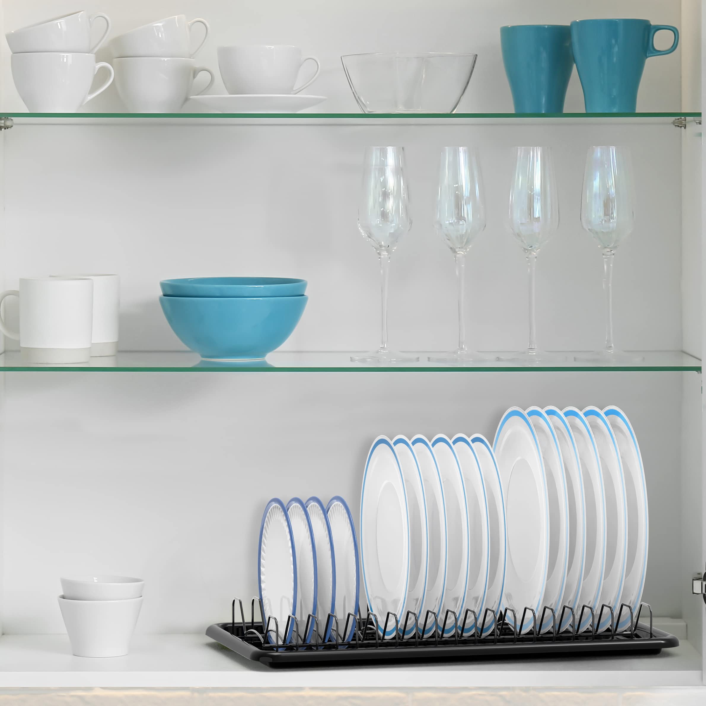 Simple Houseware Stainless Steel Plate Drying Rack with Drainboard, Dish Organizer for Kitchen Cabinet or Countertop Storage, Black