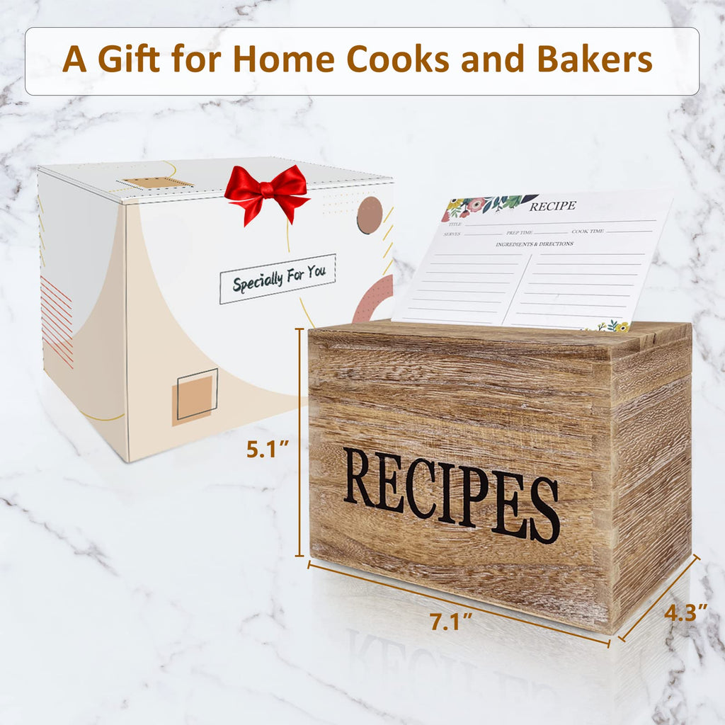 feasteery Recipe Box,100 Recipe Cards with Dividers,100 Card Protectors,Rustic Wood Box Organizer Set to Write in Your Own Recipes,Cute Box for Housewarming Grandma Mom Wedding Bridal Shower