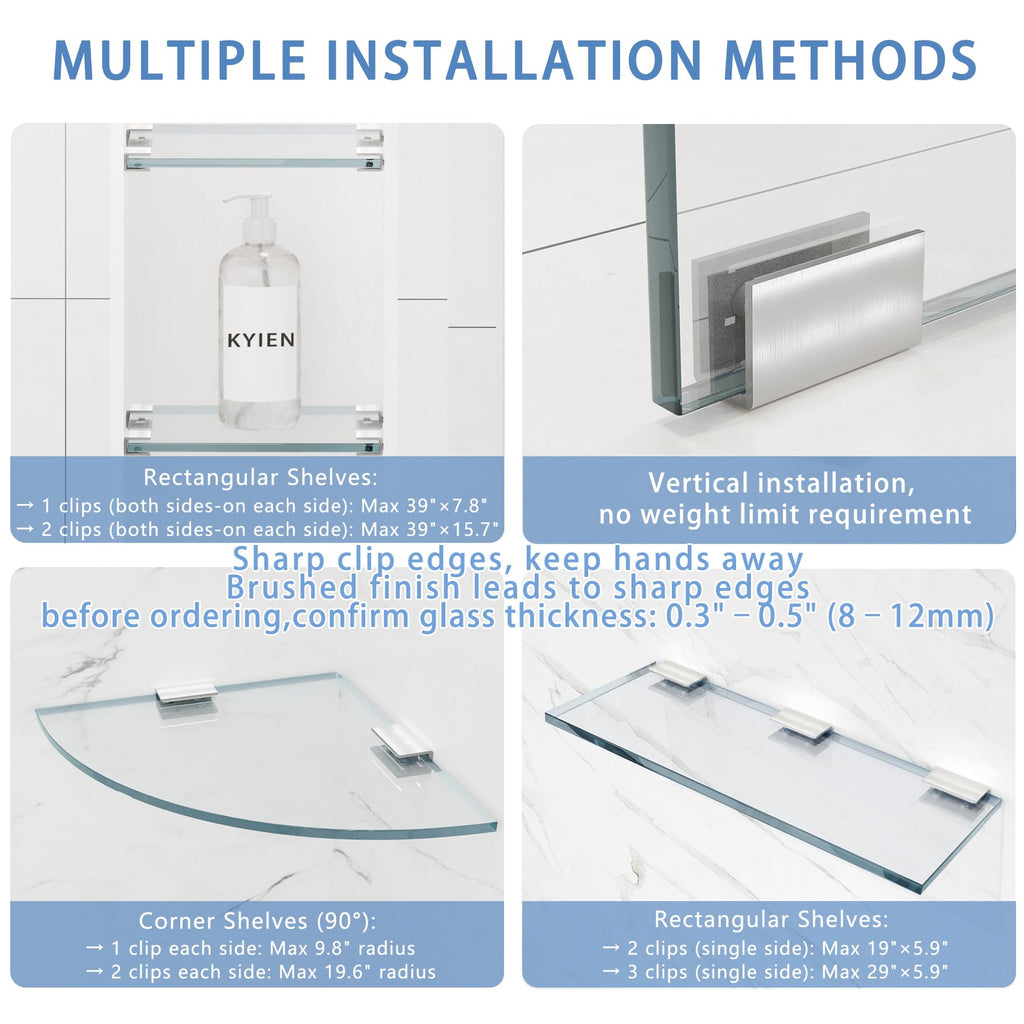 4Pcs Stainless Steel Glass Shelf Clip Clamp Bracket Support Adjustable 304 Stainless Steel Brushed Finish Glass Clip Shelf Brackets Holder Support 0.3" to 0.5"/ 8 to 12mm Thick