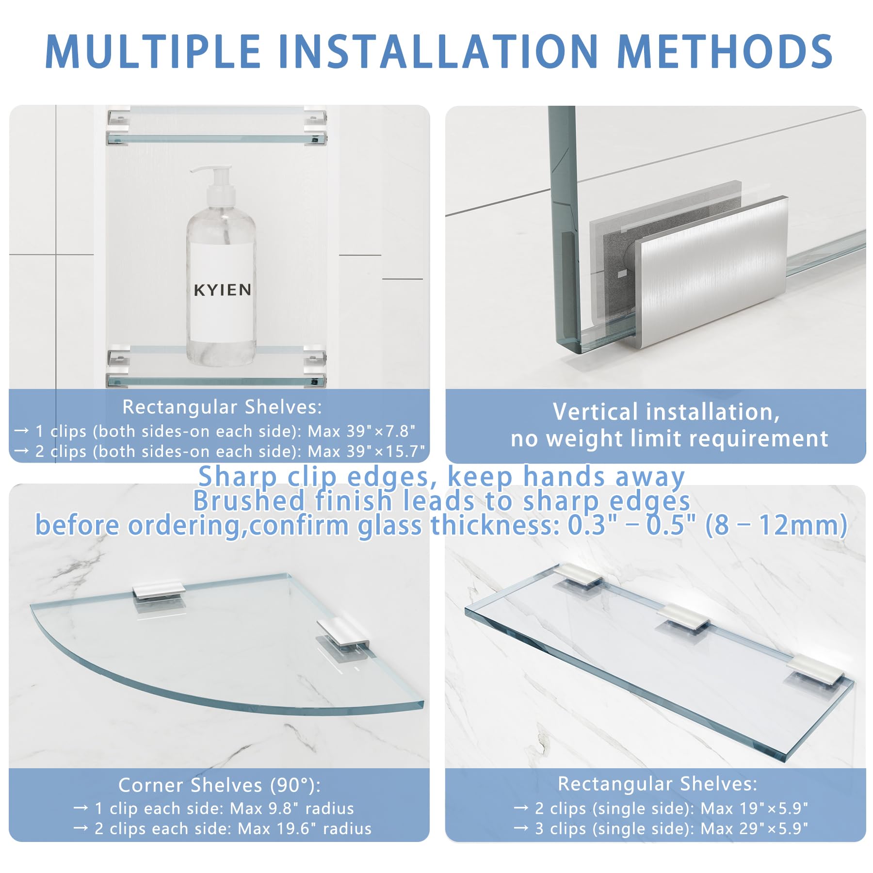 4Pcs Stainless Steel Glass Shelf Clip Clamp Bracket Support Adjustable 304 Stainless Steel Brushed Finish Glass Clip Shelf Brackets Holder Support 0.3" to 0.5"/ 8 to 12mm Thick