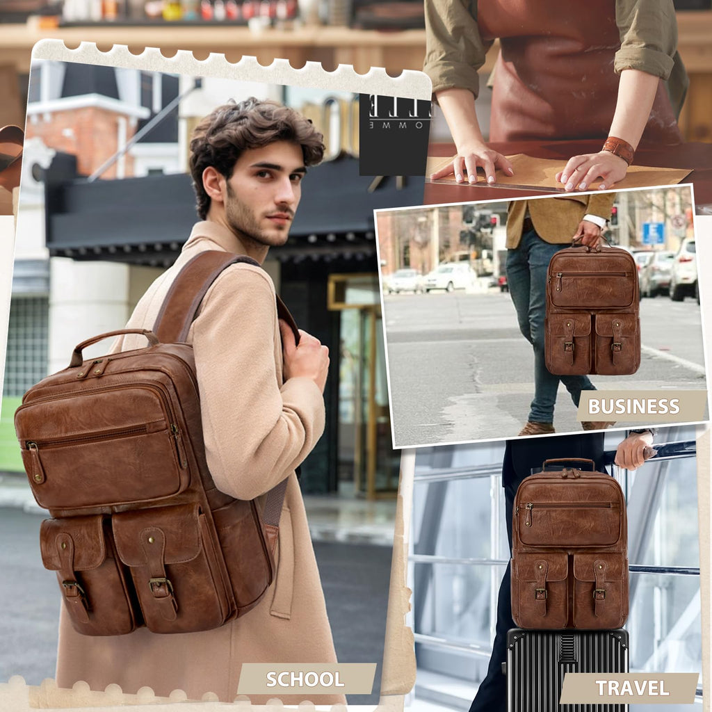 RAINSMORE Travel Backpack for Men & Women 15.6 Inch leather Laptop Bag with USB Charging Port Waterproof Laptop Backpack Large Capacity Carry On Backpack Computer Bag for College, Business and Travel