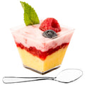 DLux 50 x 2 oz Mini Dessert Cups with Spoons, Square Short - Clear Plastic Parfait Appetizer Cup - Small Reusable Serving Bowl for Tasting Party Desserts Appetizers - with Recipe Ebook
