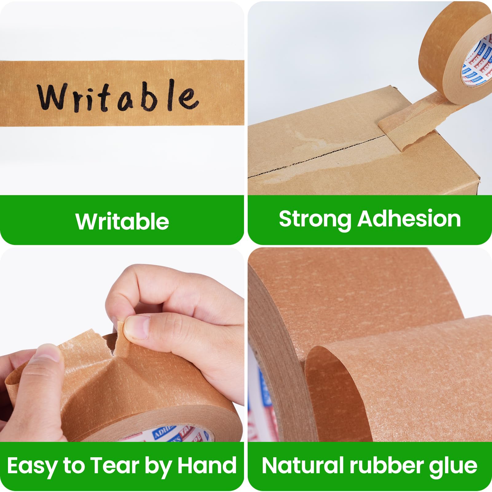ADHES Heavy Duty Paper Packing Tape, Eco Friendly & Biodegradable, Writable & Uncoated Brown Packing Kraft Paper Tape for Masking, Sealing, and Packaging Use, 2 Inch x 43 Yards, 3 Rolls