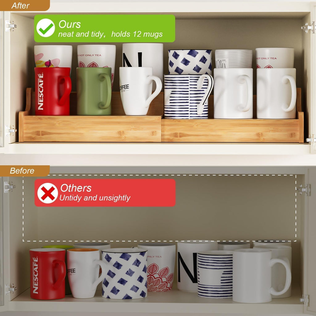 Hongtamoya 2-Tier Expandable Coffee Mug Holder, Countertop Station Bamboo Mug Cup Rack Coffee Bar Organizer, Tea Cups Stand for Cabinet, Multi-functional Mug Holder Shelf for Kitchen, Home