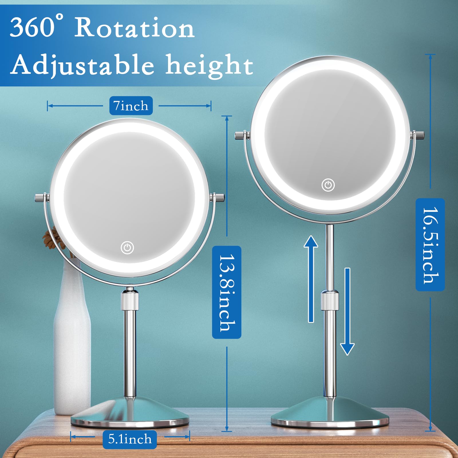 Vanity Mirror with 7" 1x/10x Makeup Mirror Adjustable Height Double Sided Mirror with 360°Rotating Makeup Mirror with Magnifying Mirror with Mirror
