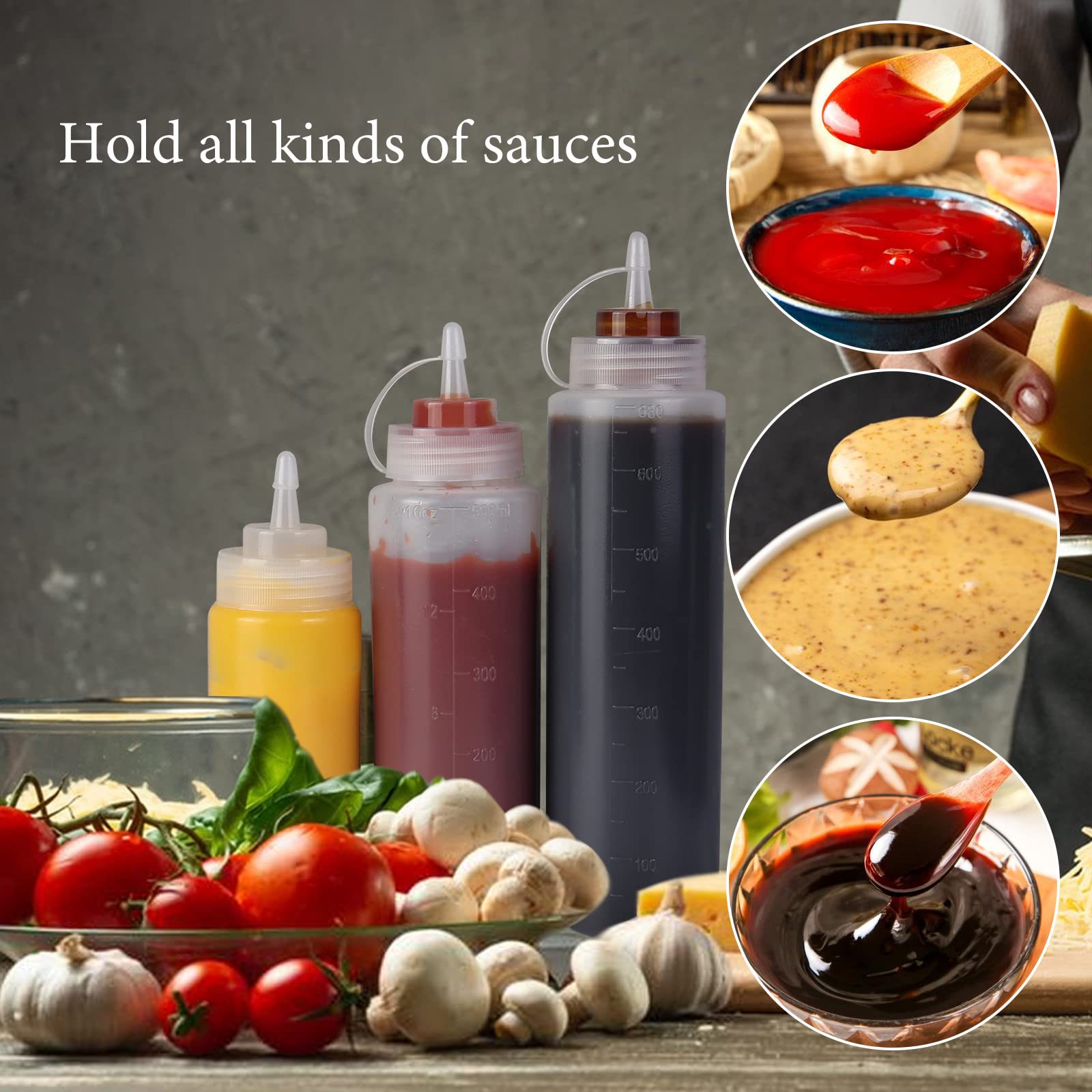 16oz Condiment Squeeze Bottle, Chetexus 5 Pack Squeezy Sauce Bottles, Plastic Squeeze Dispensers with Measurements for Ketchup, BBQ, Sauces, Syrup, Dressings