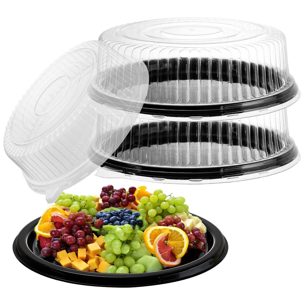 Frcctre 12 Pack 12 Inch Plastic Serving Tray with Lid, Disposable Plastic Food Serving Platters with Clear Dome Lids, Stackable Round Trays for Party, Takeout Food, Catering, Picnic