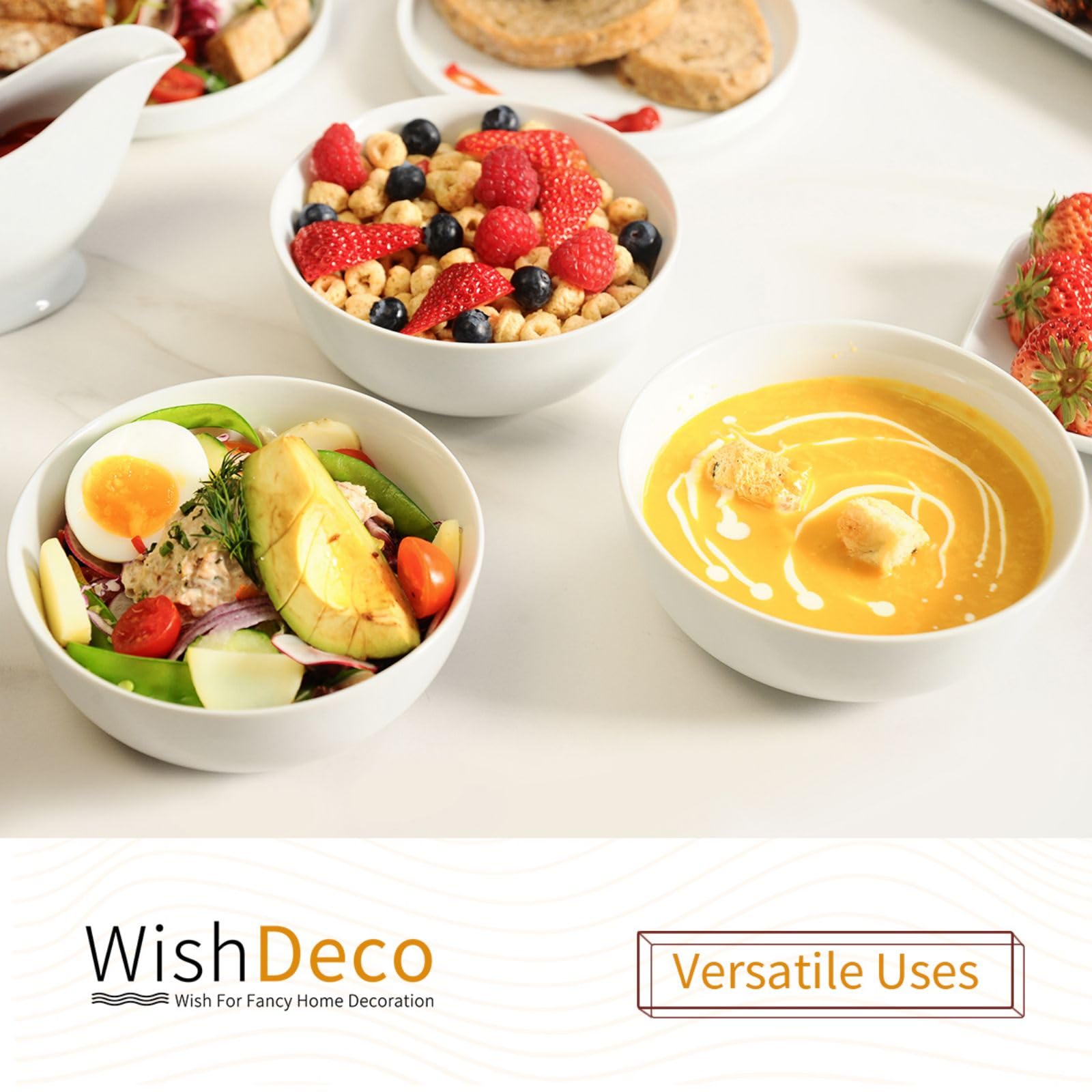 WishDeco Cereal Bowls Set of 4, Ceramic Soup Bowls 20 oz / 600 ml, Breakfast Bowls 6 inch / 15 cm, White Bowls for Dessert, Oatmeal, Pasta, Noodle, Salad, Rice
