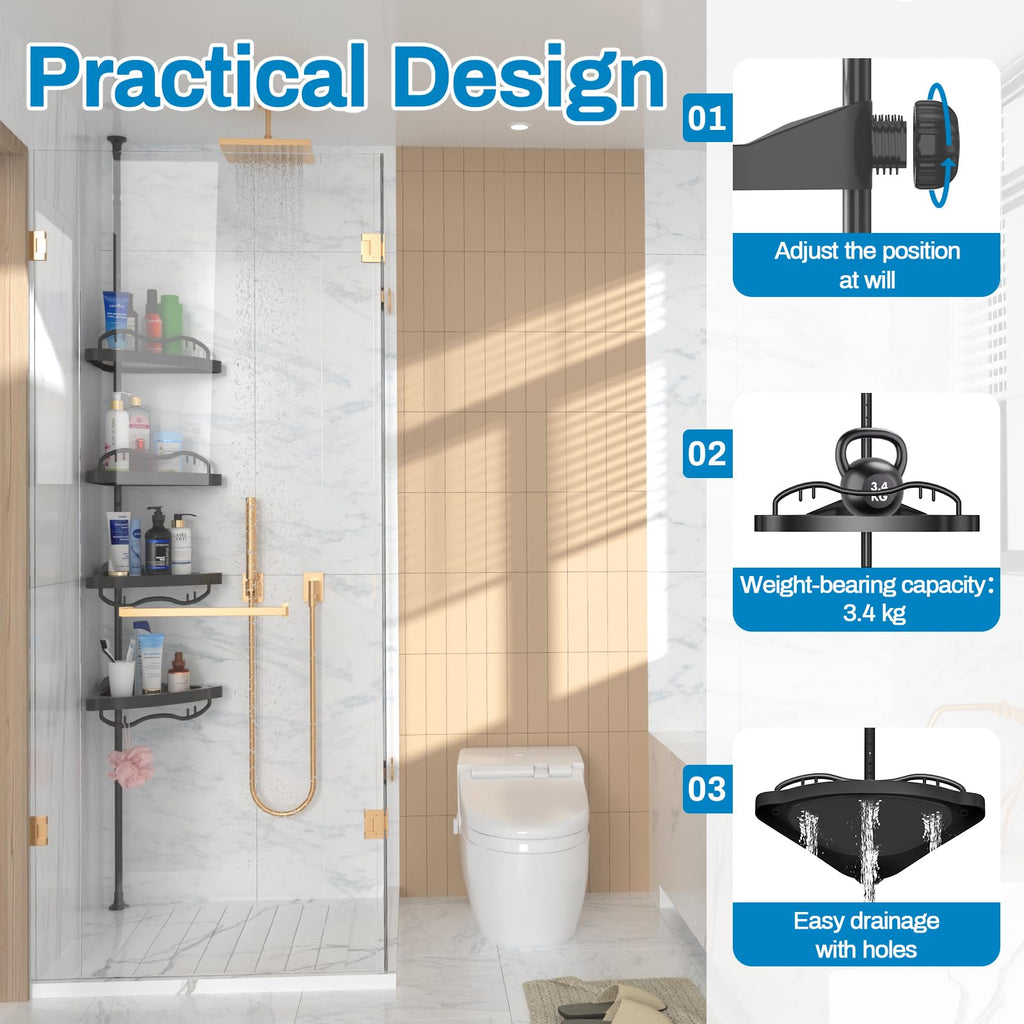 Shower Caddy Corner,142-317cm Rustproof Tension Pole Corner Shower Caddy,Black Adjustable Shower Caddy with Drill Free Shower Shelves for Bathroom,Bathtub,Washbasin