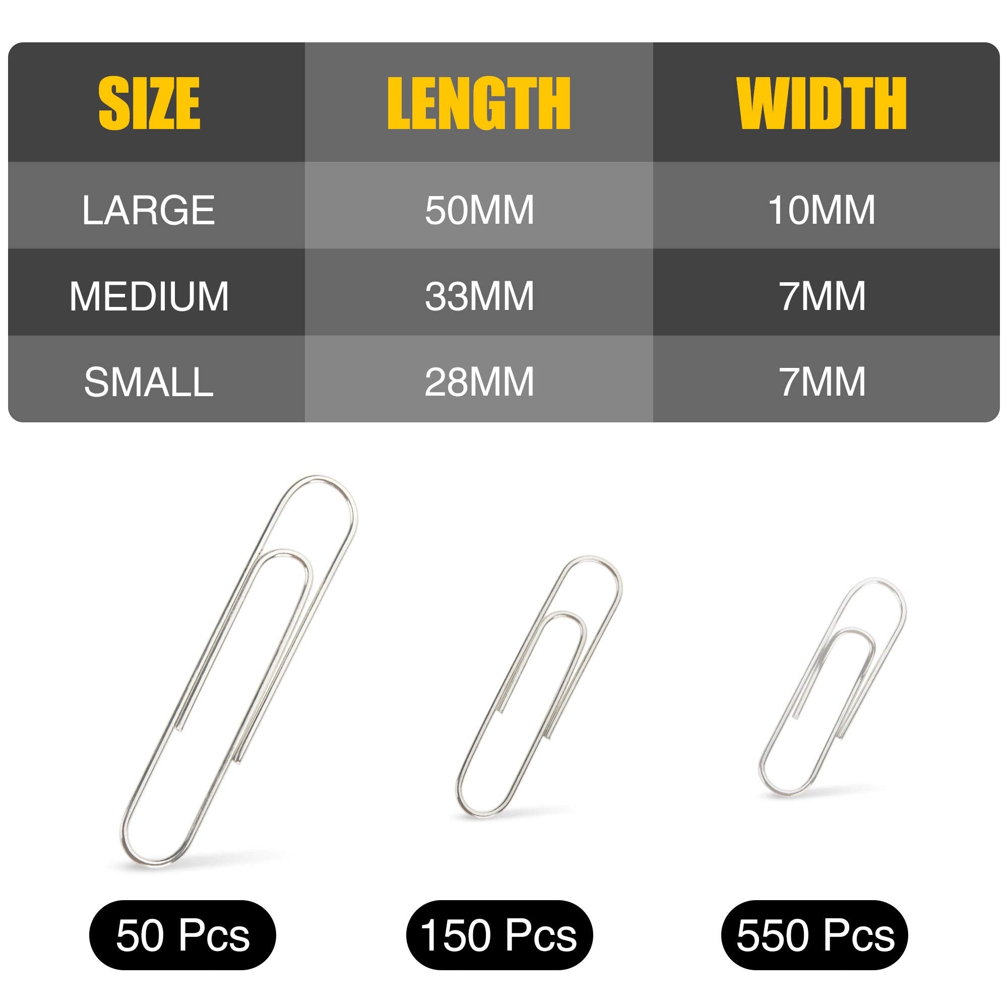 Kempshott 750 Paper Clips - Assorted Sizes Small, Medium and Large Paper Clips for Paperwork Ideal for Home, School and Office Use (28mm,33mm, 50mm)