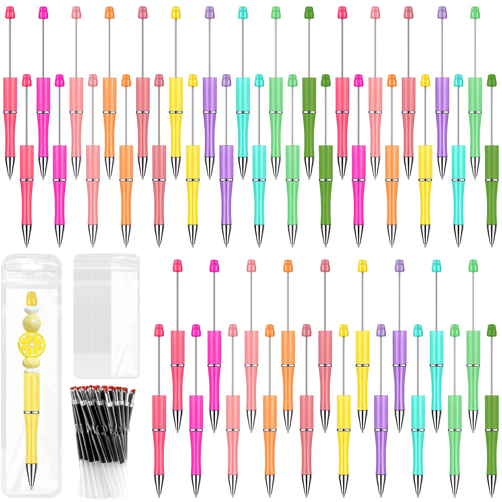 150 Pcs Beadable Pens Bulk Set: 50 Plastic Beaded Pens with 50 Replacement Refills & 50 Gift Bags, 1.0mm Refillable Black Ink DIY Pen Kit for Teachers, Students, Craft Gifts