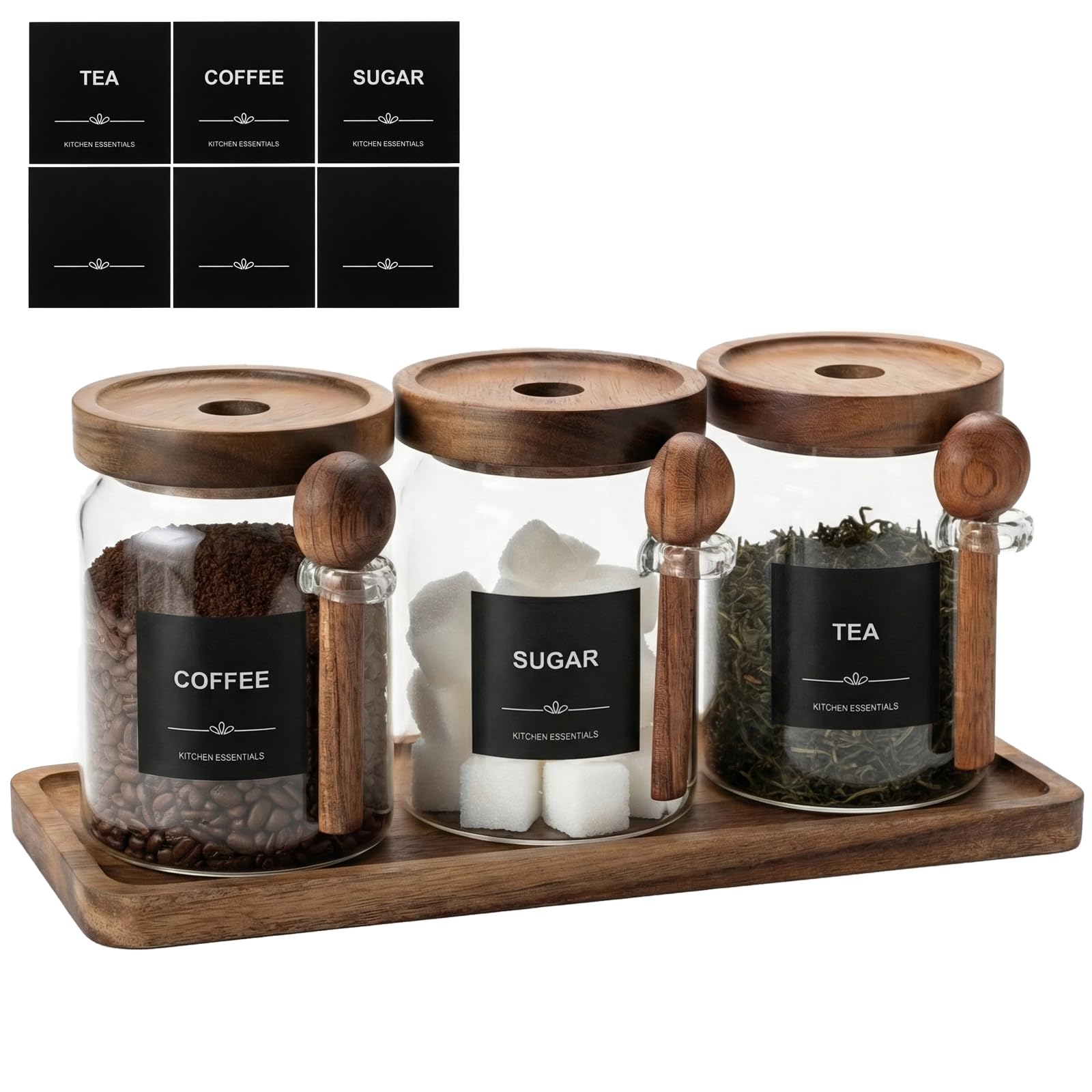 Glass Tea Coffee Sugar Canisters Set, 21oz/600ml Airtight Glass Storage Jars with Lids, Scoops, Labels & Tray, Kitchen Countertop Storage Containers