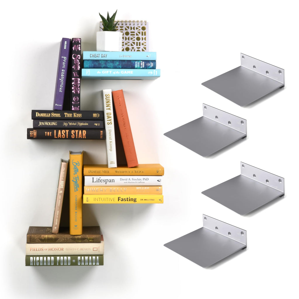 Invisible Floating Wall Bookcase - Set of 4 | Aluminium Book Wall Shelf | Invisible Shelf Holder for Books and Decoration | Modern Space Saving Wall Bookcase