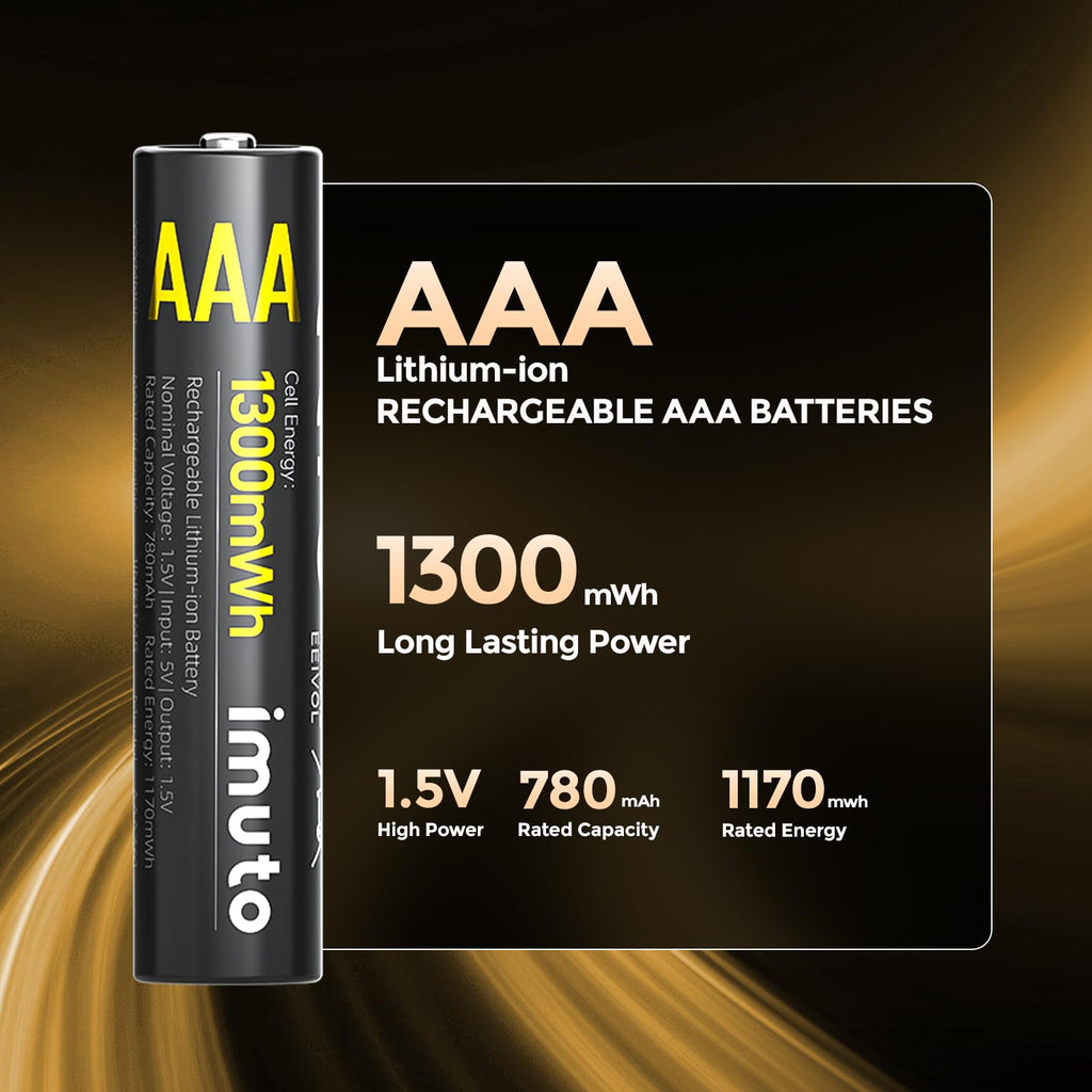 imuto Rechargeable AAA Batteries Lithium 8 Pack,1300mWh 1.5V Constant Output Triple a Lithium Batteries 1600 Cycles Long Lasting（No Charger）