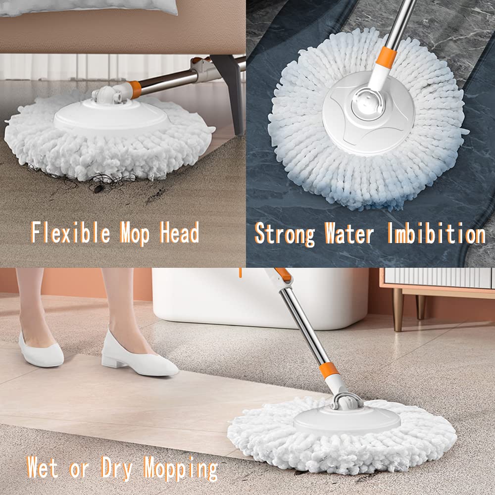 Spin Mop Bucket with Wringer System Extended Mop Handle 61＂Mop and Bucket for Floors Cleaning with 5 Replacement Head Refill 1 Cleaning Brush Head