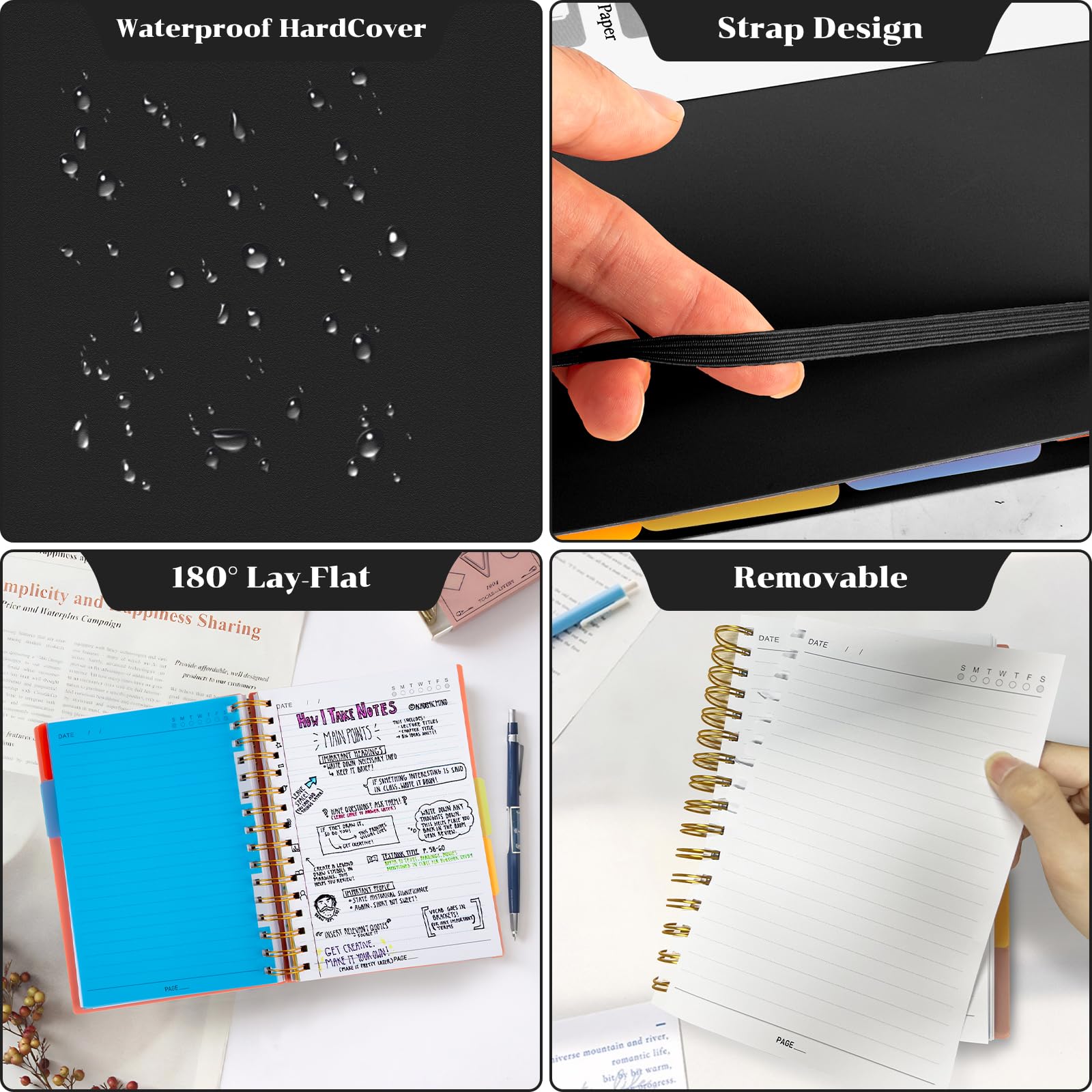 Spiral Notebook, A5 Size 5 Subject Notebooks College Ruled with Tabs and Removable Dividers, 300 Pages 100GSM Thick Spiral Ruled Lined Writing Journal Notebook for Work, School（6.2"x 8.5"）