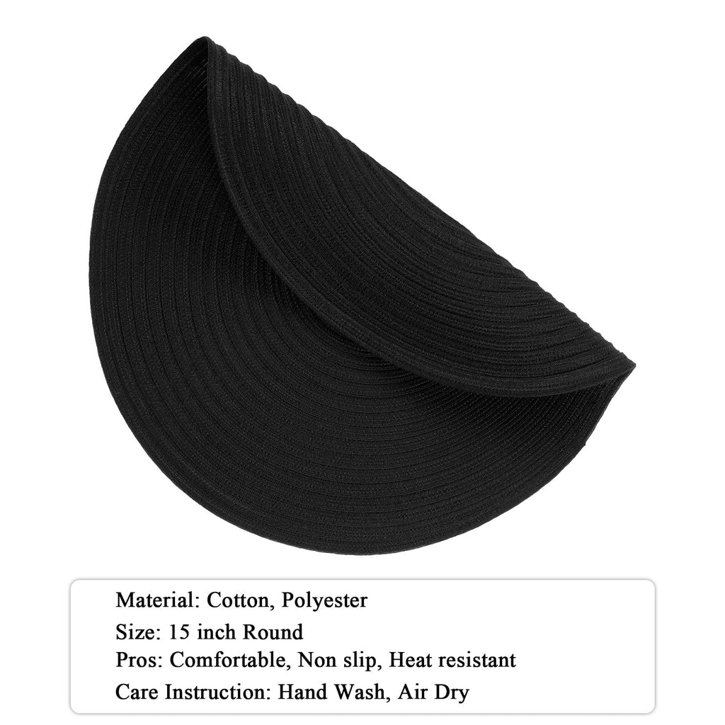 SHACOS Round Braided Placemats Set of 6 Washable Cotton Polyester Woven Round Table Mats 15 inch Heat Resistant (Black, 6)