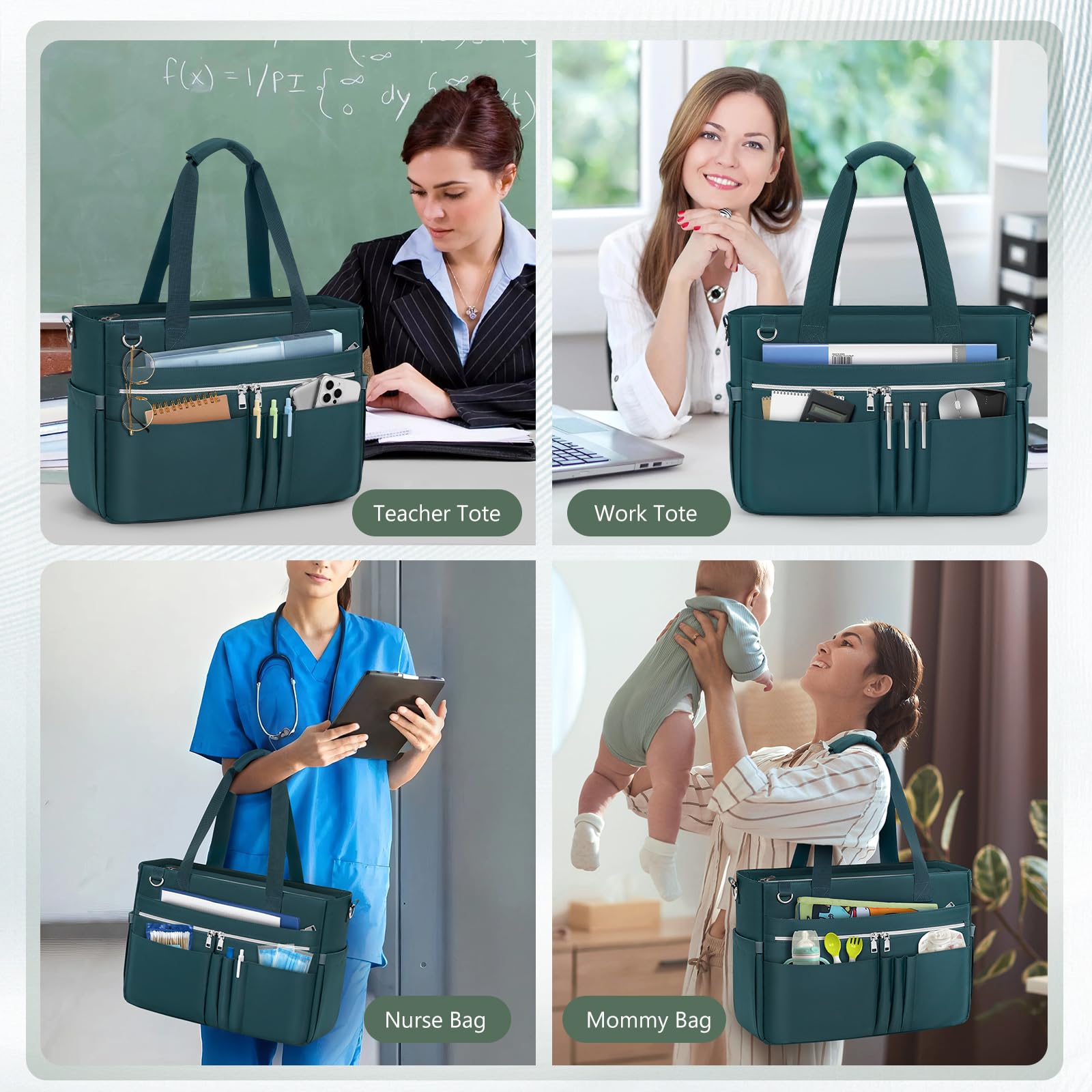 Teacher Tote Bag for Women 15.6 Inch Laptop Briefcase with Clutch Bag, Nurse Bags Professional Work Handbag for Office College Nursing, Large Utility Tote Messenger Shoulder Bag, Dark Green