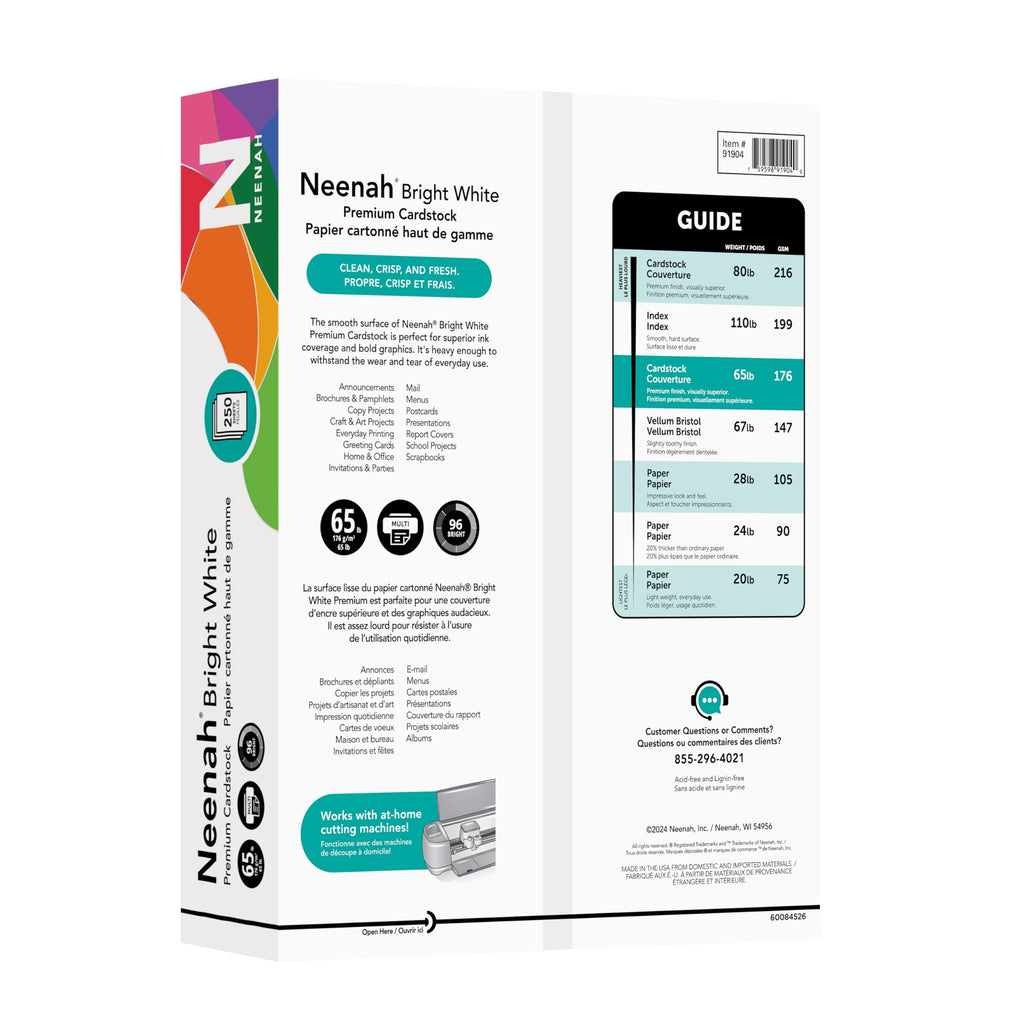 Neenah Premium Cardstock, 96 Brightness, 65 lb, Letter, Bright White, 250 Sheets per Pack (91904)