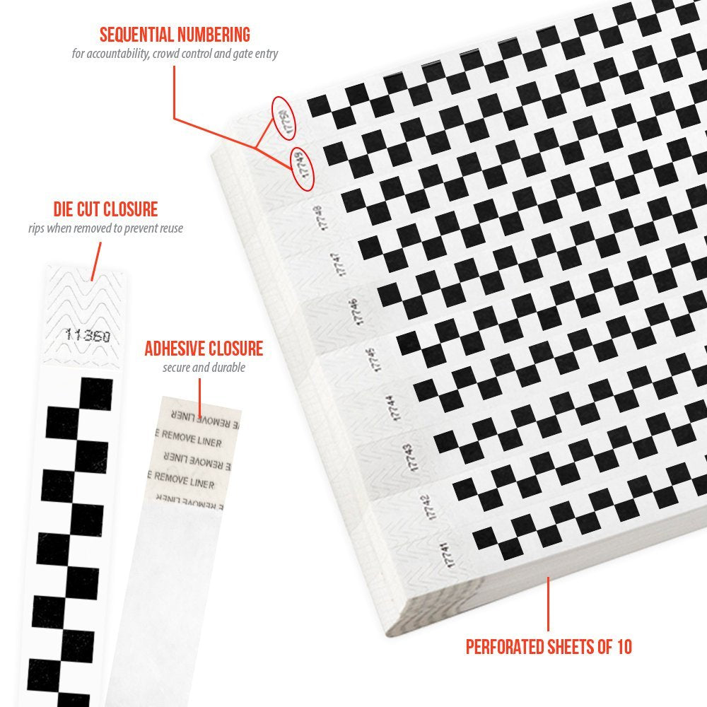 WristCo Black Checkered / Checks 3/4" Tyvek Wristbands - 500 Pack Paper Wristbands For Events