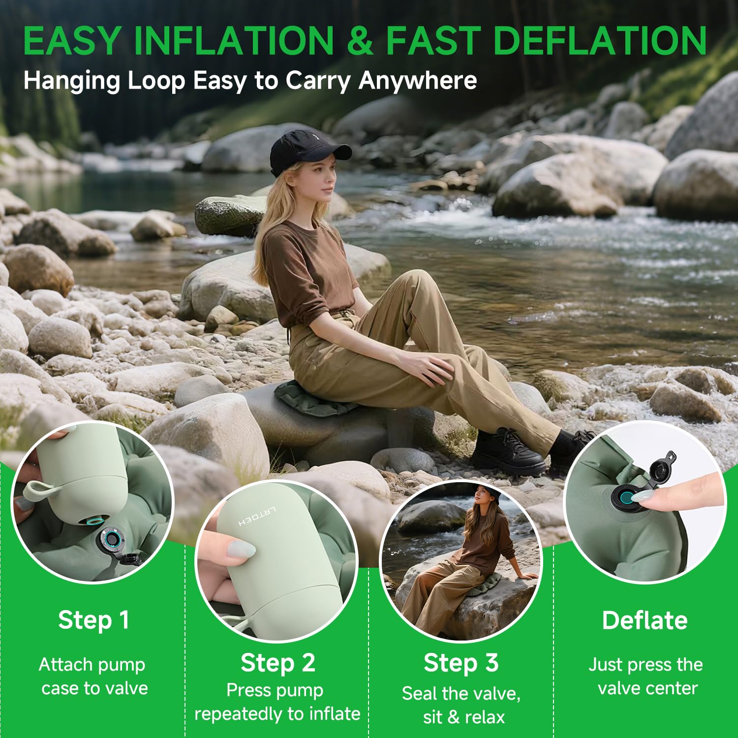 LRTOEH Inflatable Seat Cushion, Lightweight Portable Air Cushion with Pump, Airplane Seat Pad for Flights Pressure Relief, Waterproof Chair Pad, Stadium Cushions for Travel, Camping, Hiking(Green)