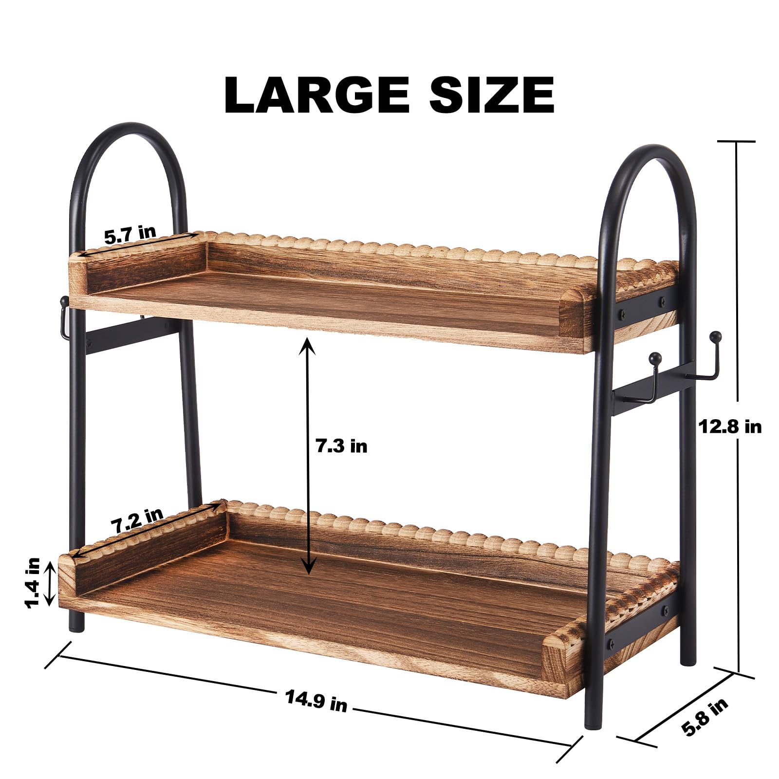 Coffee Bar Accessories, 2-Tier Coffee Bar Organizer with 4 Coffee Cup Holder Hooks, MUL-tifunctional Wooden Beaded Coffee Station Countertop Stand Shelf for Kitchen Home Office