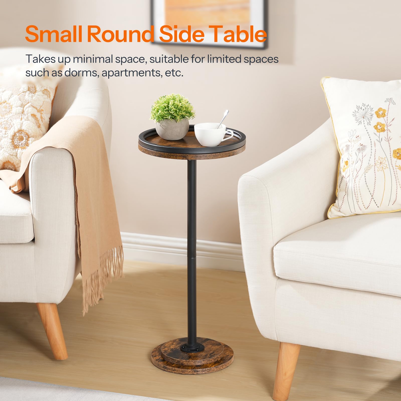 HOOBRO Small Side Table, Drink Table, Round Coffee End Table for Small Spaces, Martini Table, Pedestal Table for Living Room, Bedroom, Sofa Couch, Rustic Brown BF168BZ01