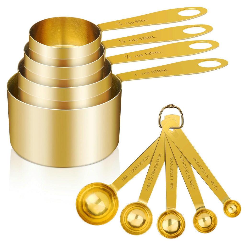 GuDoQi Measuring Cups and Spoons Set of 9, Stainless Steel Handle with Metric and US Measurements, Golden Polished Finish, Dry & Liquid Ingredient Measuring Cup for Cooking and Baking
