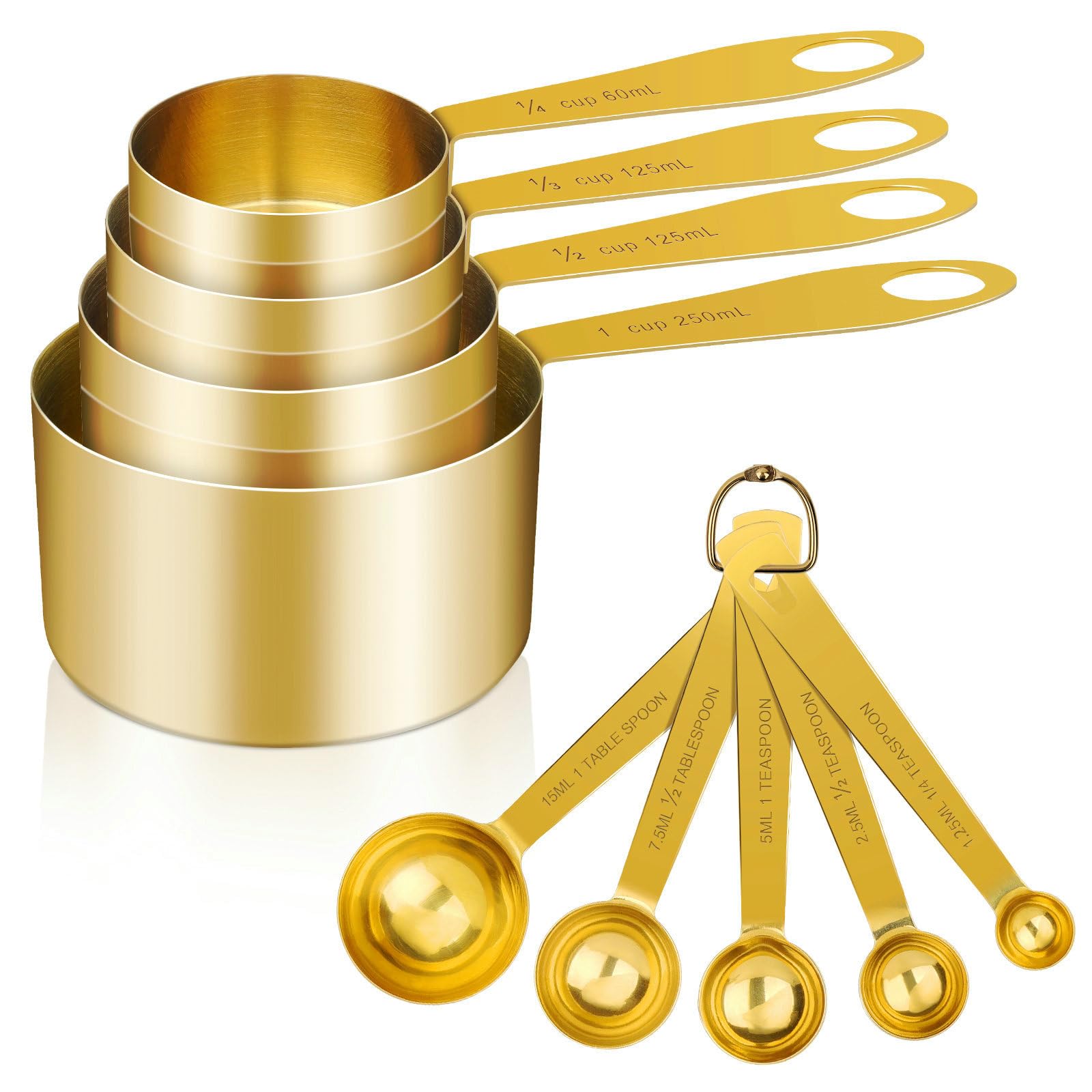 GuDoQi Measuring Cups and Spoons Set of 9, Stainless Steel Handle with Metric and US Measurements, Golden Polished Finish, Dry & Liquid Ingredient Measuring Cup for Cooking and Baking