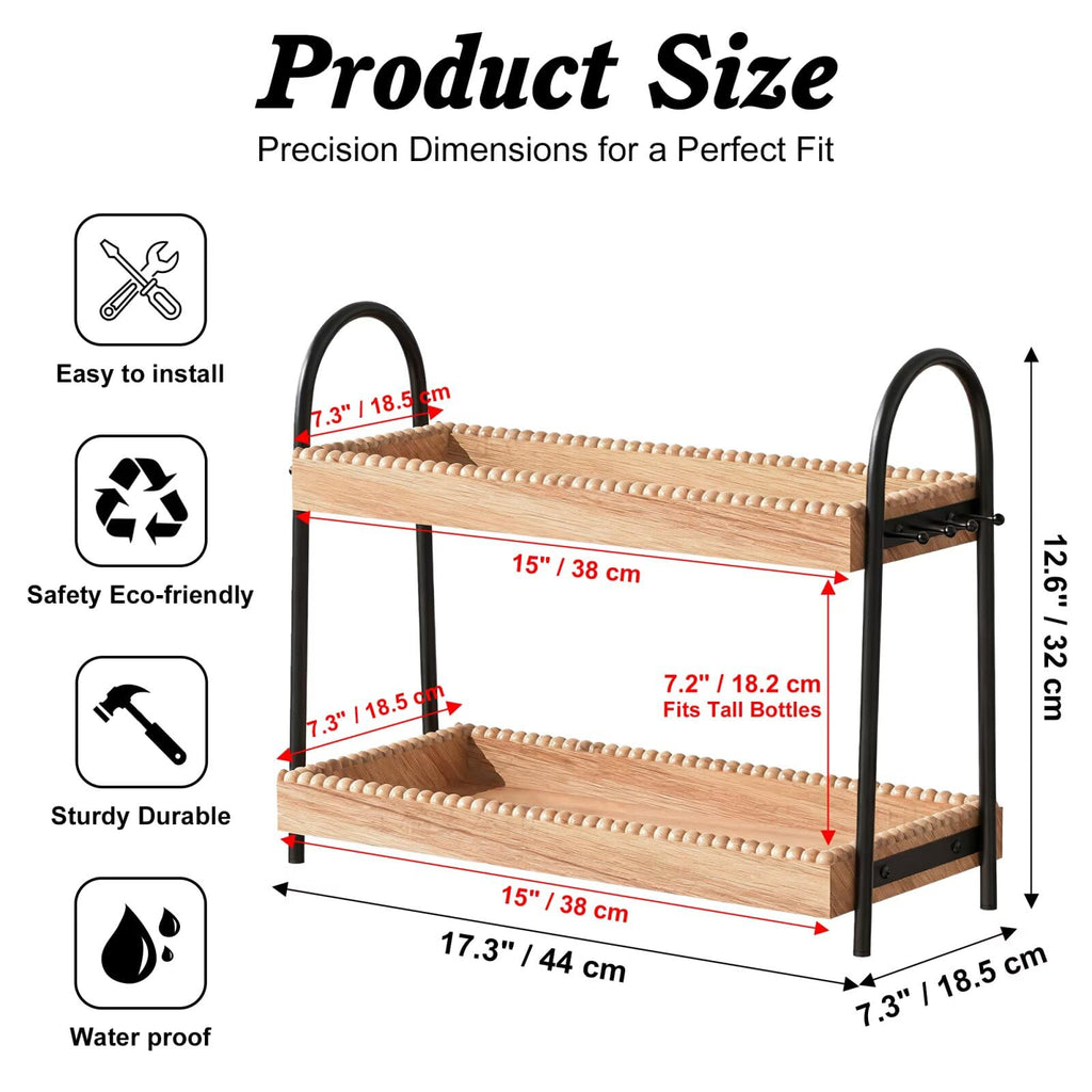 Perfume Organizer & Makeup Stand 2-Tier with 8 Hooks - Large Bathroom Counter Shelf for Vanity Storage, Skincare Display & Cologne Dresser Beauty Holder |Washroom Paulownia Wood Tray (44x18.5x32cm)