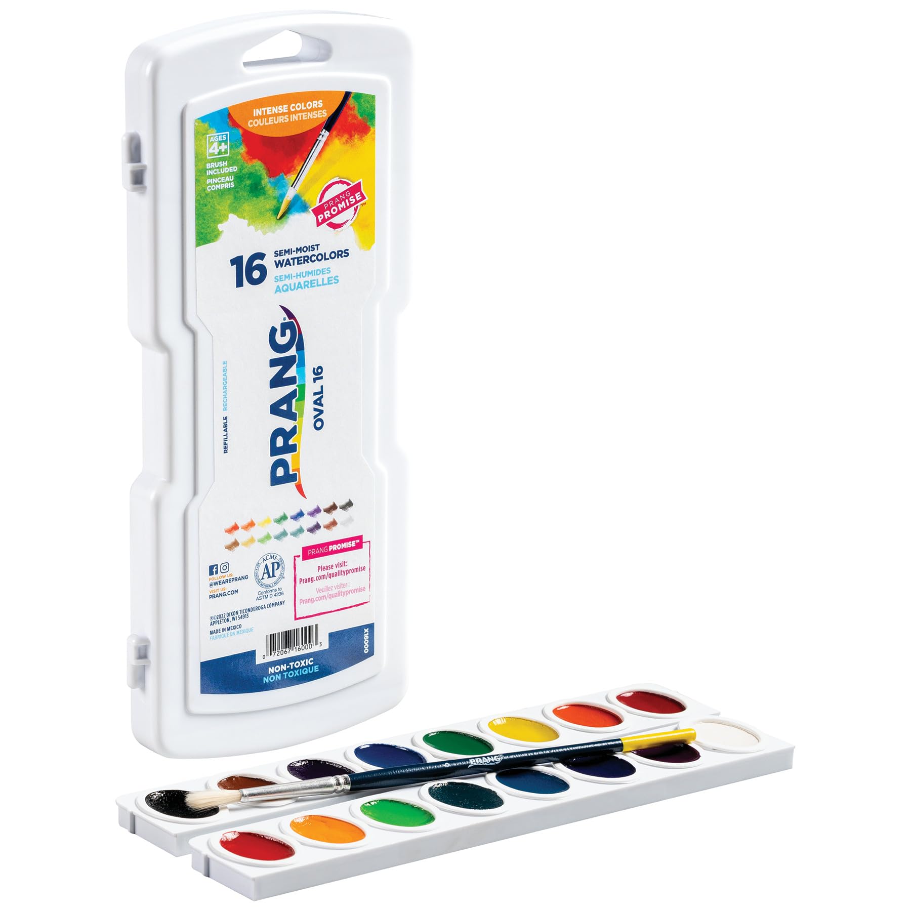 Prang Oval Pan Watercolor Set, 16 Classic Colors with No. 9 Brush (16000)