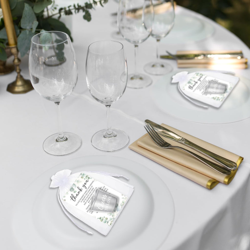 50 Set Wedding Favors for Guests Bulk - 1.5oz Cheers to Love Stainless Steel Shot Glasses with Thank You Cards and Organza Bags Souvenir Gifts for Guests Engagement, Wedding, Bridal Party