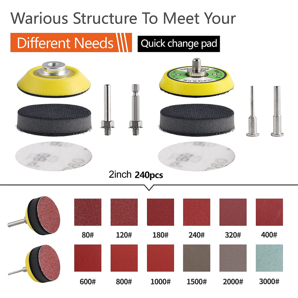 Tshya 240pcs 2inch Sanding Discs Pad Variety Kit for Drill Grinder Rotary Tools Attachment with 2Pcs 1/8"&1/4" Shank Backer Plate, Sanding Pads Includes 80-3000 Grit