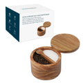 KITCHENDAO Salt and Pepper Bowl, Acacia Wood Salt Cellar with Magnetic Swivel Lid and Spoon, Spice Container with 2 Compartments for Storing Salt, Pepper, Spices, Dual 5OZ Capacity